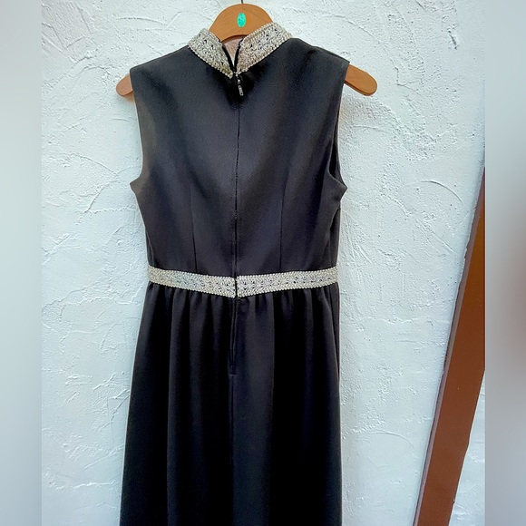 Vintage 60’s Black & Silver Cocktail Hostess Dress / Maxi Dress Empire Waist - Picture 8 of 10